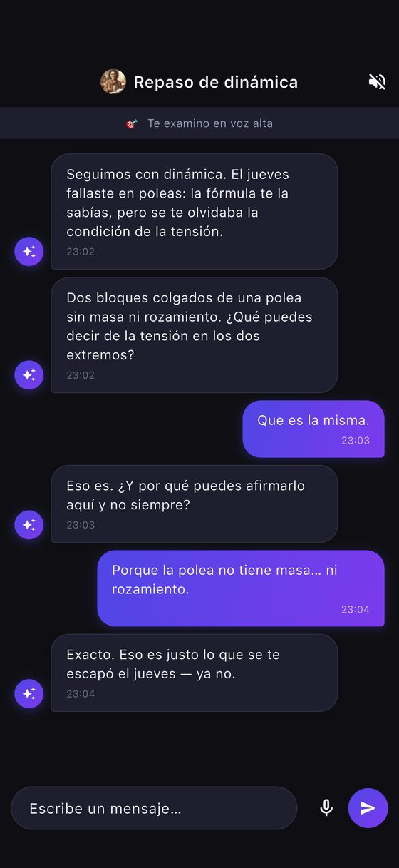Conversación de repaso: Zui recuerda que en el examen anterior fallaste en poleas y vuelve a preguntártelo.